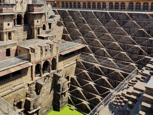 The intricate geometric stone steps of Chand Baori stepwell