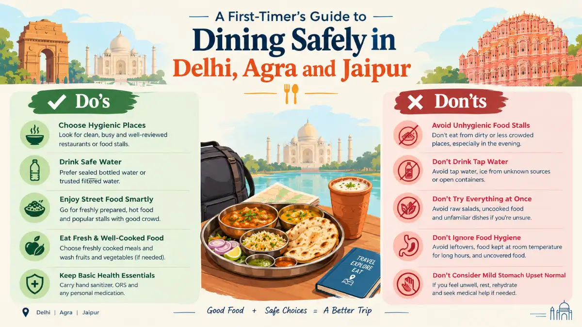 Do’s and don’ts for safe dining in Delhi, Agra, and Jaipur, featuring tips on choosing hygienic eateries, drinking safe water, enjoying street food wisely, and avoiding food safety risks. Illustrated with Indian cuisine, India Gate, the Taj Mahal, and Hawa Mahal.